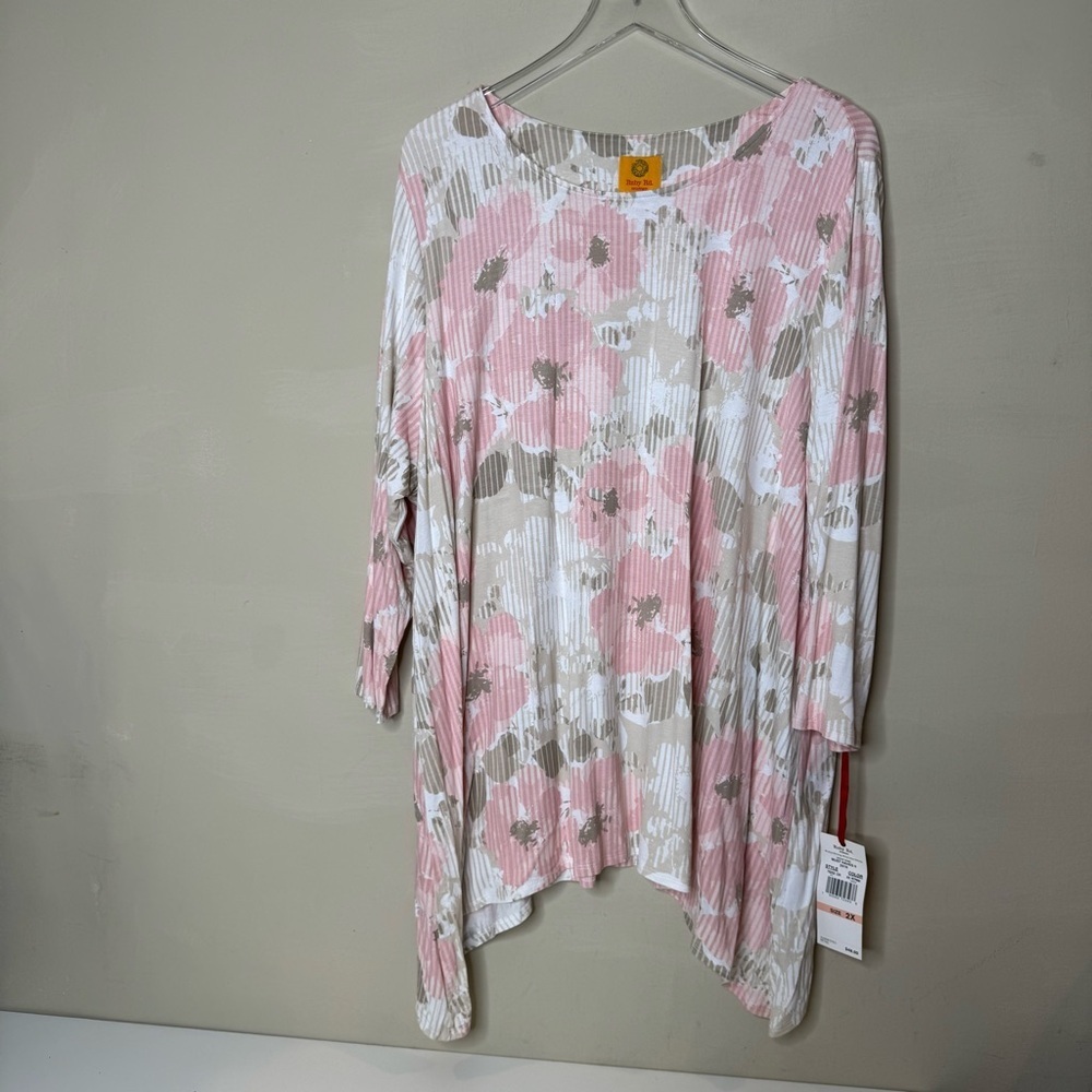 Top Ruby Rd Blouse Womens 2X Top Floral 3/4 Sleeve Pink Gray White
